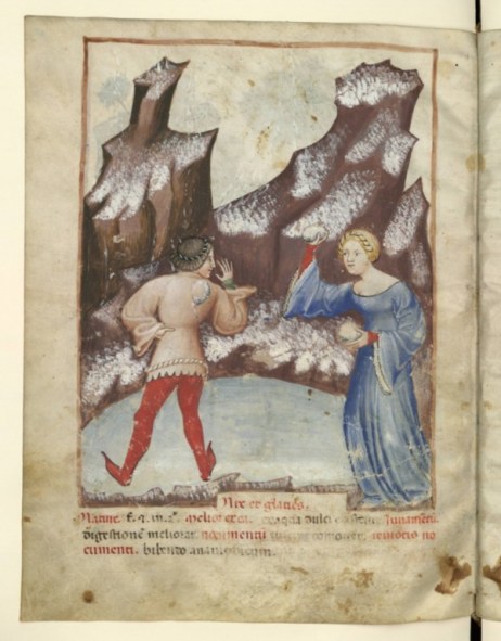 Daarzie! Sneeuwballengevecht, in Tacuinum Sanitatis, 1390-1400, Parijs, BNF (NAL 1673 fol. ç§ v)