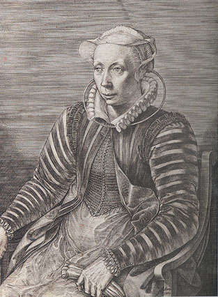J. Wierix, Portret van Volxcken Dierix, prentenhandelaarster, 1579, Koninklijke Bibliotheek van België, Prentenkabinet. (detail)