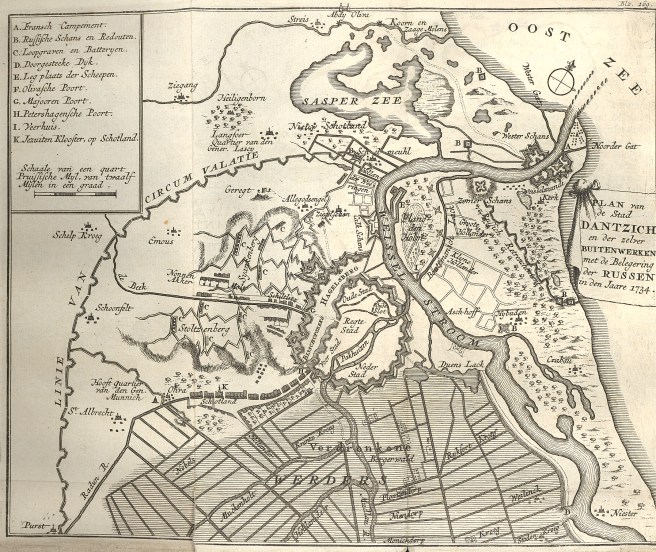Plan van de Stad Dantzich en der zelver Buitenwerken met de Beleegering der Russen in den Jaare 1734