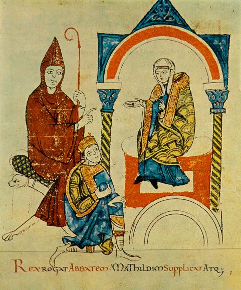 Investituurstrijd: keizer hendrik IV vraagt abt Hugo van Cluny en gravin Mathilde van Toscane om voor hem te bemiddelen bij de paus. Cod. vat. lat-4922 1115ad